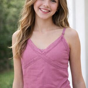 Suzette Collection Lace Trim Ribbed Cami Tank - Mauve Pink M/L - NWT